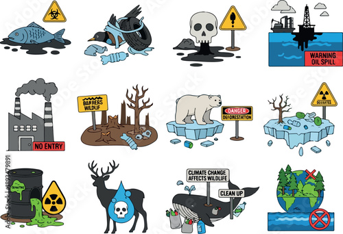 Environmental disaster icons depicting pollution, climate change impacts, and industrial contamination
