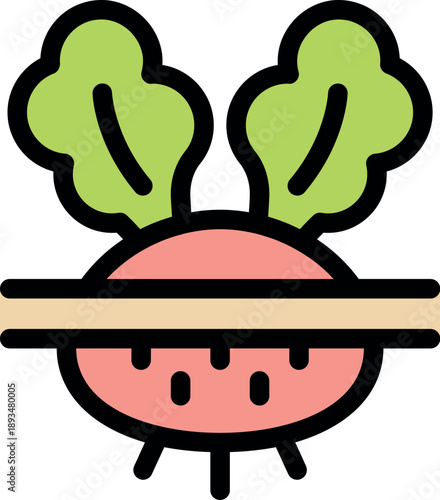 Beetroot cut in half showing roots and leaves growing in the ground, simple colored vector icon