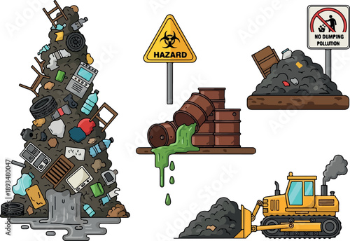 Collection of garbage and hazardous waste with industrial equipment and warning signs