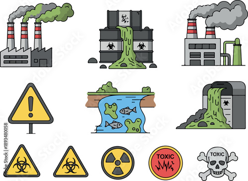 Collection of icons representing industrial pollution, hazardous waste, and environmental contamination risks