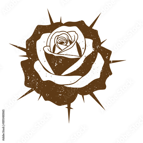 Vintage Grunge texture brown rose with sharp thorns on a white background  a prickly yet beautiful flower