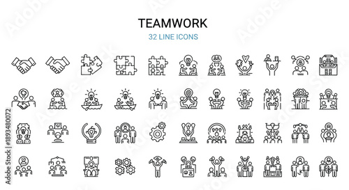 Collection of thirty two essential line icons representing the concept of business teamwork and collaboration
