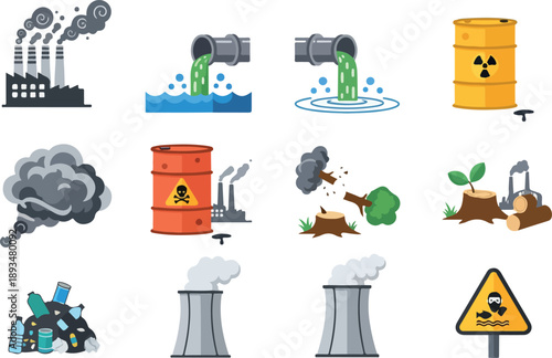 Collection of icons depicting environmental pollution from industrial factories, waste disposal, deforestation, and hazardous materials, highlighting ecological damage and pollution concerns