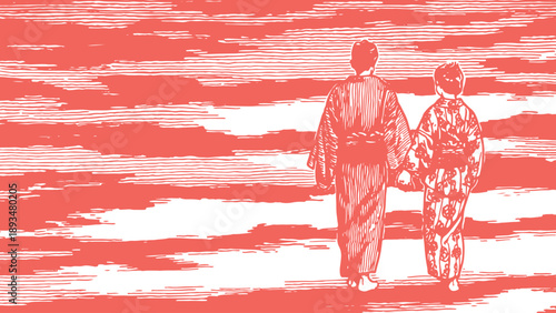 Hand-drawn Japanese-style background of a couple in traditional kimonos. Features a warm terracotta coral sky with detailed woodblock etching and horizontal line textures. Elegant art.
