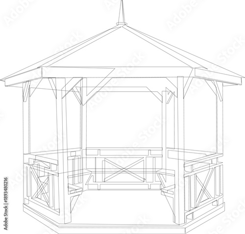 Minimal garden gazebo single line illustration. Wooden outdoor structure drawn in clean continuous line style. Simple black vector graphic isolated on white background.