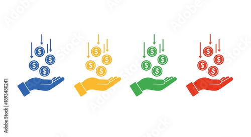Four hands holding coins with dollar signs rising from them in different colors, symbols of currency and wealth