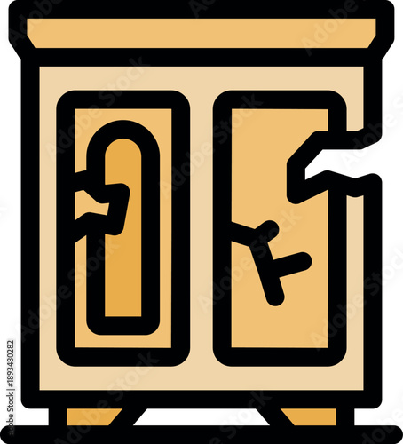 Old damaged cabinet with broken doors and cracks, representing concepts of age, decay, and the need for repair or replacement