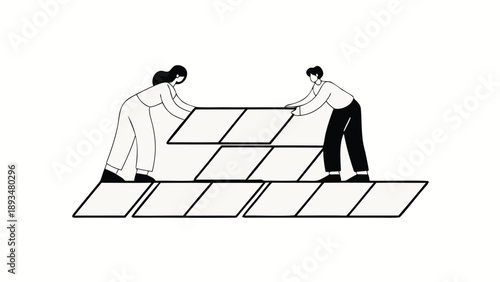 Two managers collaborating to adjust layered puzzle pieces in a flat vector illustration symbolizing teamwork and problem solving