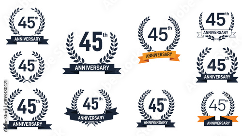 Set of forty fifth anniversary logos features various designs with laurel wreaths banners and bold numbers for celebrations.