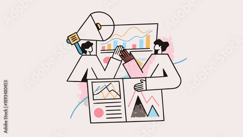 Two colleagues discussing business data and graphs in a flat illustration style with colorful background