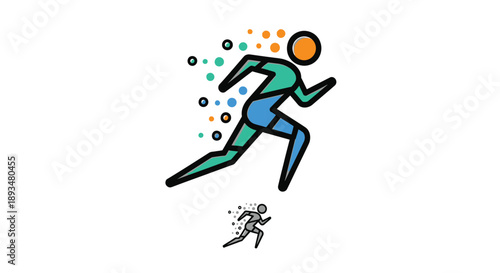 Stylized abstract running figure icon showing rapid movement and speed dissolving into small particles