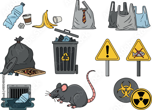 Collection of illustrations depicting various forms of waste, pollution, and environmental hazards, including trash bags, bins, plastic, and hazardous symbols