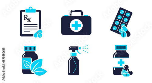 Medical icons collection featuring healthcare symbols and medication illustrations in a premium file format