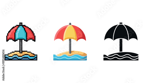 Colorful beach umbrella icons in pixel, vector, and silhouette styles