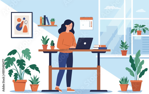 Workplace Well-being: A vibrant illustration shows an individual diligently working on a laptop at a standing desk, surrounded by the inviting presence of indoor plants.