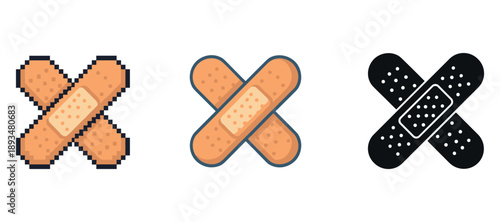 Pixel, flat, and monochrome style bandages in x shape on white background
