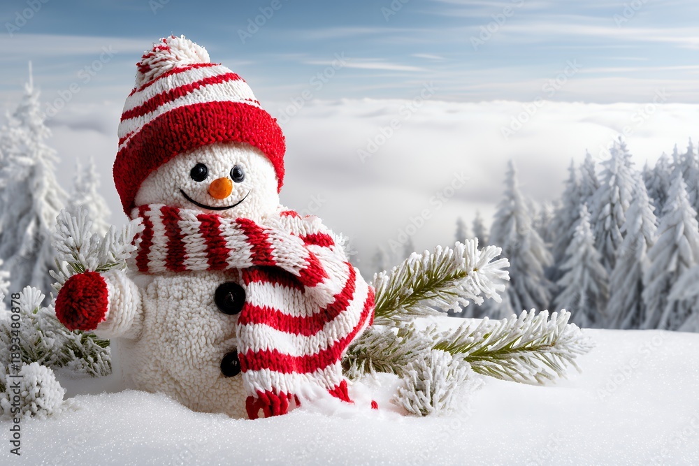 Fototapeta premium Cheerful snowman with red striped scarf in winter wonderland with snow-covered trees