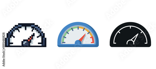 Various speedometers with different designs and colors on white background
