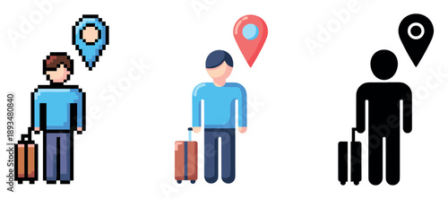 Pixel, flat, and silhouette icons of male travelers with luggage and location pins