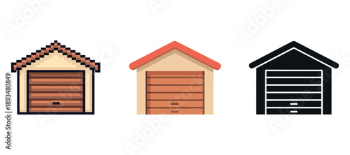 Pixelated, flat, and solid garage icons with red and black roofs