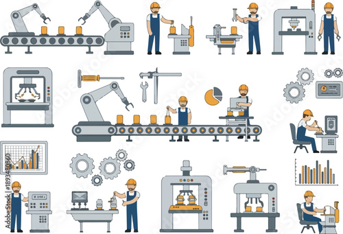 Industrial automation and manufacturing process with robots, machinery, and workers in a factory setting