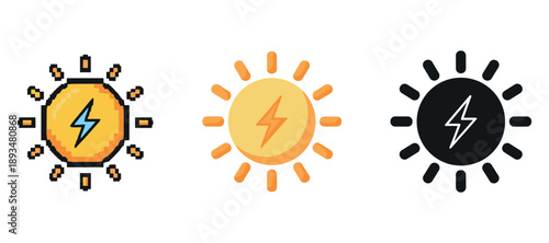Three variations of energy sun icons in pixel, flat, and silhouette styles
