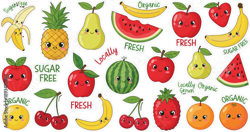 Cartoon fruits with smiling faces and labels