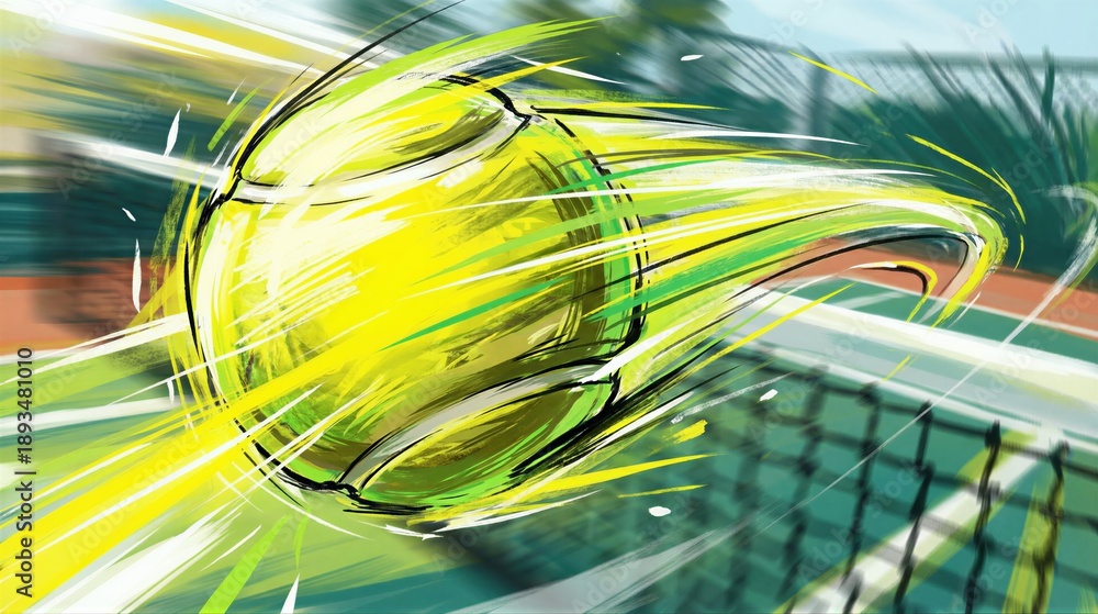 Fototapeta premium Flying tennis ball with speed lines over net on court. Dynamic sports action concept for competition and healthy active lifestyle promotion.