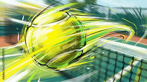 Flying tennis ball with speed lines over net on court. Dynamic sports action concept for competition and healthy active lifestyle promotion.