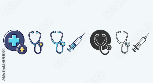 Medical icons collection featuring stethoscopes, syringes, and medical symbols in various styles and colors on premium file (175).eps