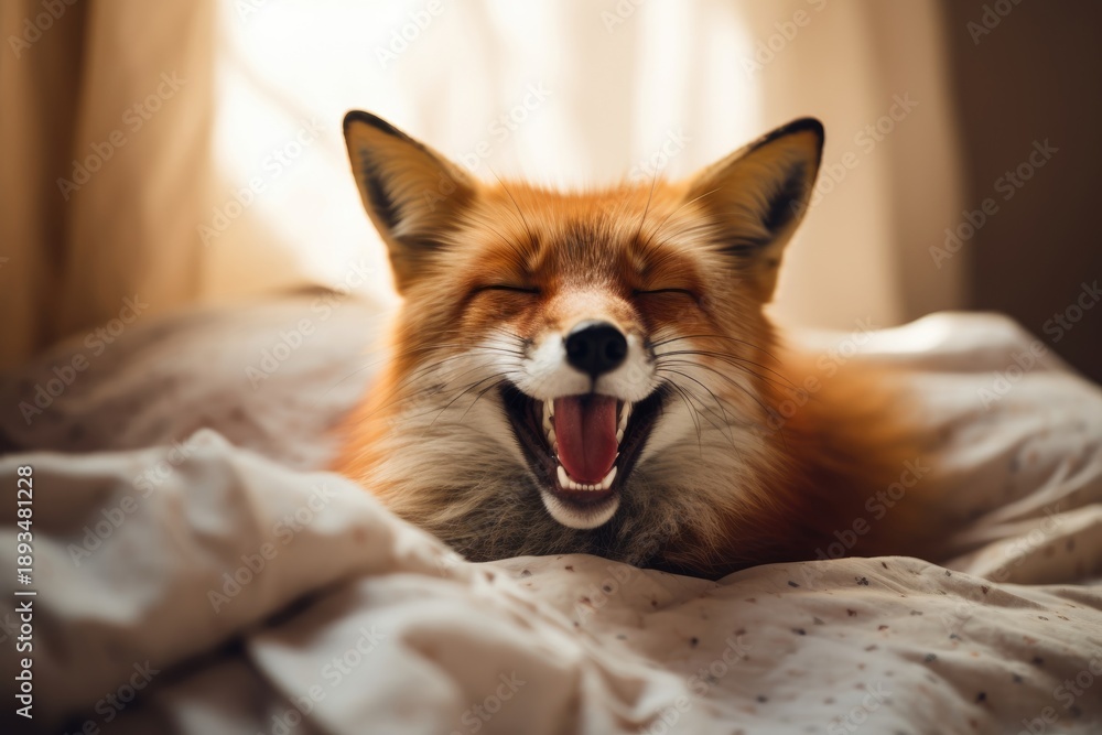 Fototapeta premium Red fox laying in bed, laughing with eyes closed. Concept of humor, joy and relaxation for animal photography.