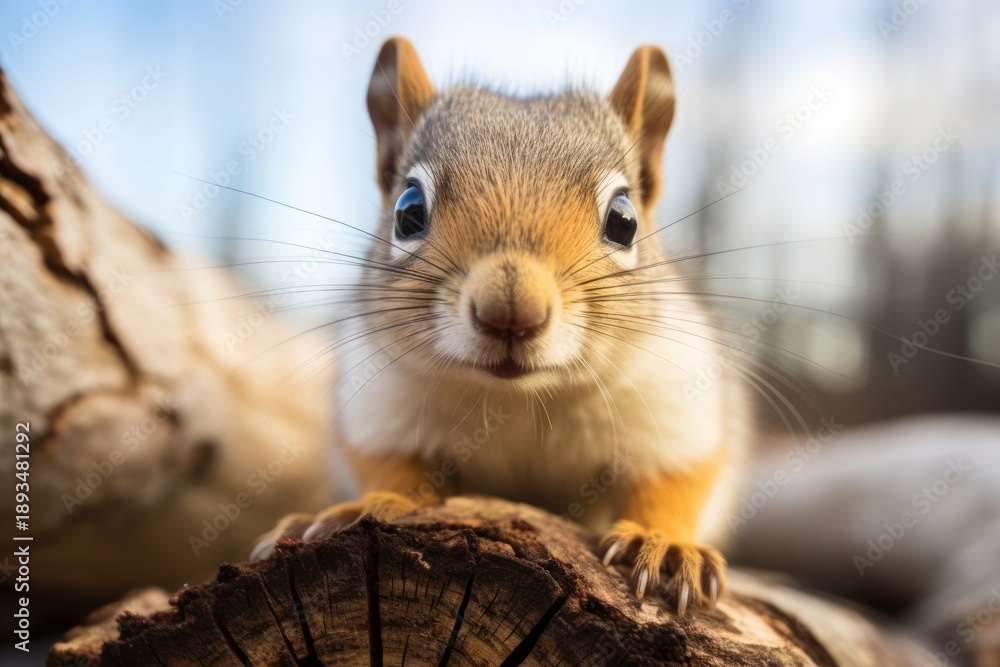 Obraz premium Small squirrel, ratatosk, sitting on a log, looking directly at the camera with curious eyes. Wildlife photography for nature and animal concepts.