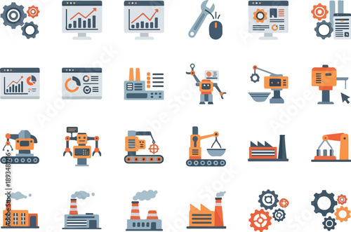 A collection of industry and technology icons including gears, robots, factory buildings, and analytical charts for business and manufacturing concepts