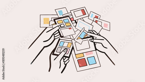 Two professionals adjusting and organizing a collection of colorful polaroid photos in a collaborative workspace