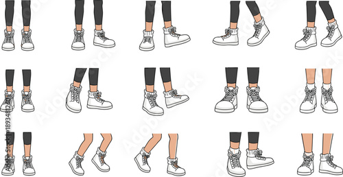 Cartoon woman legs wearing black leggings and white sneakers