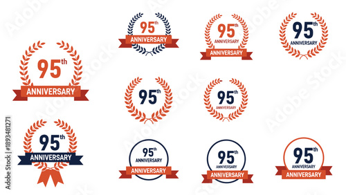 Large set of ninety fifth anniversary logos shows various wreath and ribbon designs with bold numbers for historical milestones.