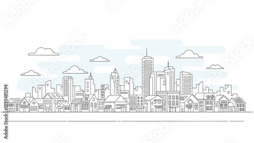 Expansive city skyline is depicted in a detailed outline style with numerous buildings clouds and a clean horizontal line.