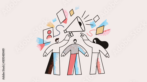 Three marketing specialists collaborate with megaphone and colorful abstract shapes around them