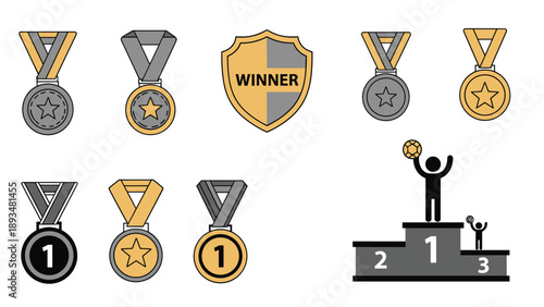 Sports achievement set includes various medals a winner shield and athletes standing on a competition podium with trophies.