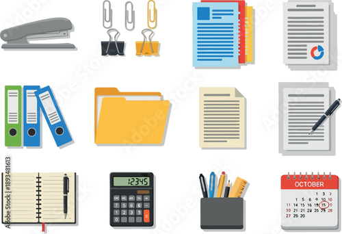 Collection of office supplies and stationery items for business and work organization, including stapler, binders, folders, notebooks, calculator, pens, and calendar