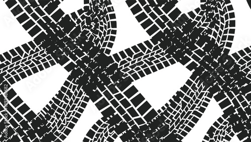 Continuous tire tracks create a dense and overlapping black pattern on a white background representing automotive themes.