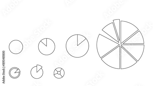 Variety of pie chart icons showing different segments and data distributions for business presentations or statistical reporting graphics.