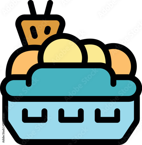 Round potato snacks served in a plastic basket with a small container of sauce and toothpicks