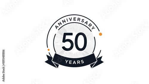 Golden and navy blue emblem celebrating fifty years of anniversary with a decorative ribbon and radial lines on a clean white background.