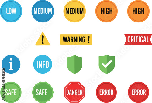 Set of warning and information icons, including danger, error, info, and safe labels with shield and exclamation symbols