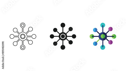 Set of three diverse network connection icons illustrating centralized hub and spoke system design variations in different styles