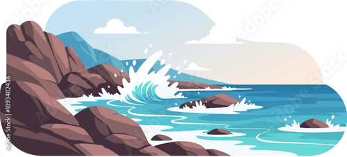 Crashing ocean wave against rocky shore, distant mountains, and cloudy sky