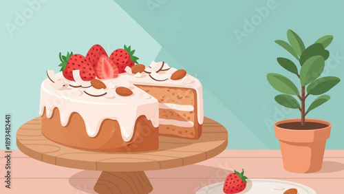 Creamy cake with strawberries and almonds on a stand next to a plant