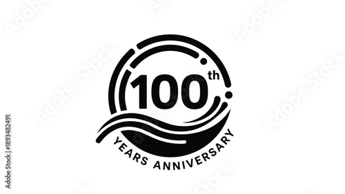 Anniversary emblem for one hundred years featuring a circular design with waves and decorative dots in a bold black and white style.
