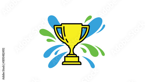 Golden trophy cup icon with blue and green water splashes representing victory, achievement, and fresh success in a competition or event.